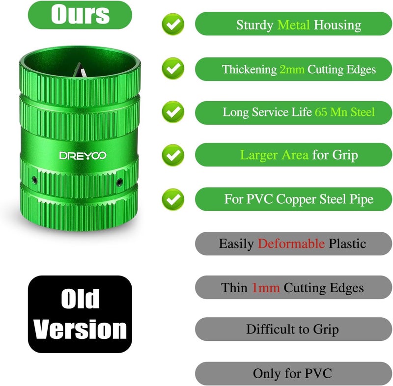 Dreyoo أدوات إزالة الحواف، أداة إعادة تشكيل أنابيب النحاس وPVC، أدوات السباكة 1/4'' إلى 1-5/8''، أداة إعادة تشكيل الأنابيب الداخلية والخارجية، تشامفر للمعادن وPVC وPPR والنحاس والنحاس الأصفر والألمنيوم (أخضر) - Image 5